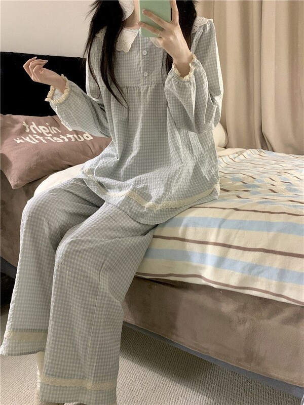 8819黄兰格2025春秋新款长开衫网红ins学生睡衣女休闲家居服官方|undefined