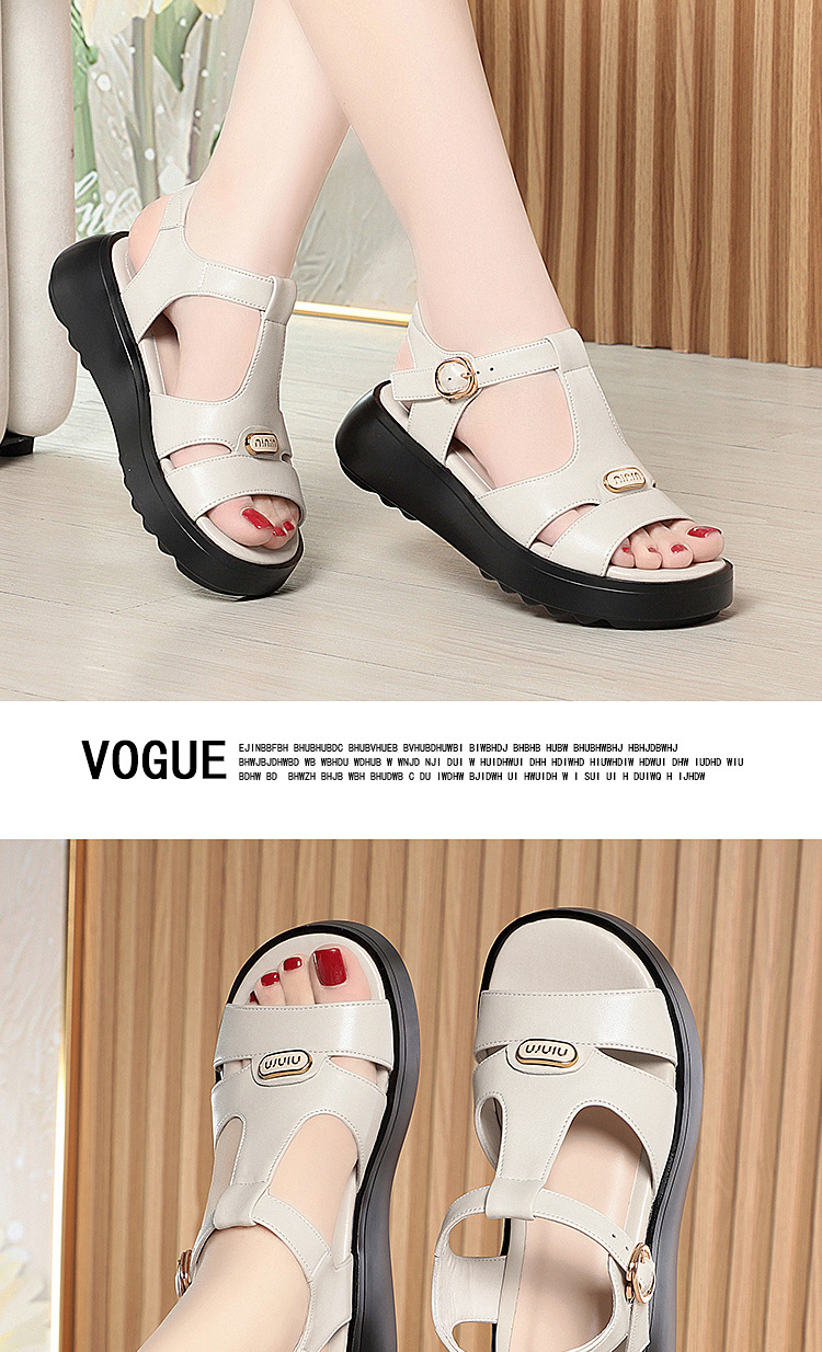 Sandal nữ đế dày quai chữ V da thật mềm đi biển mùa hè — Màu đen chi tiết 9