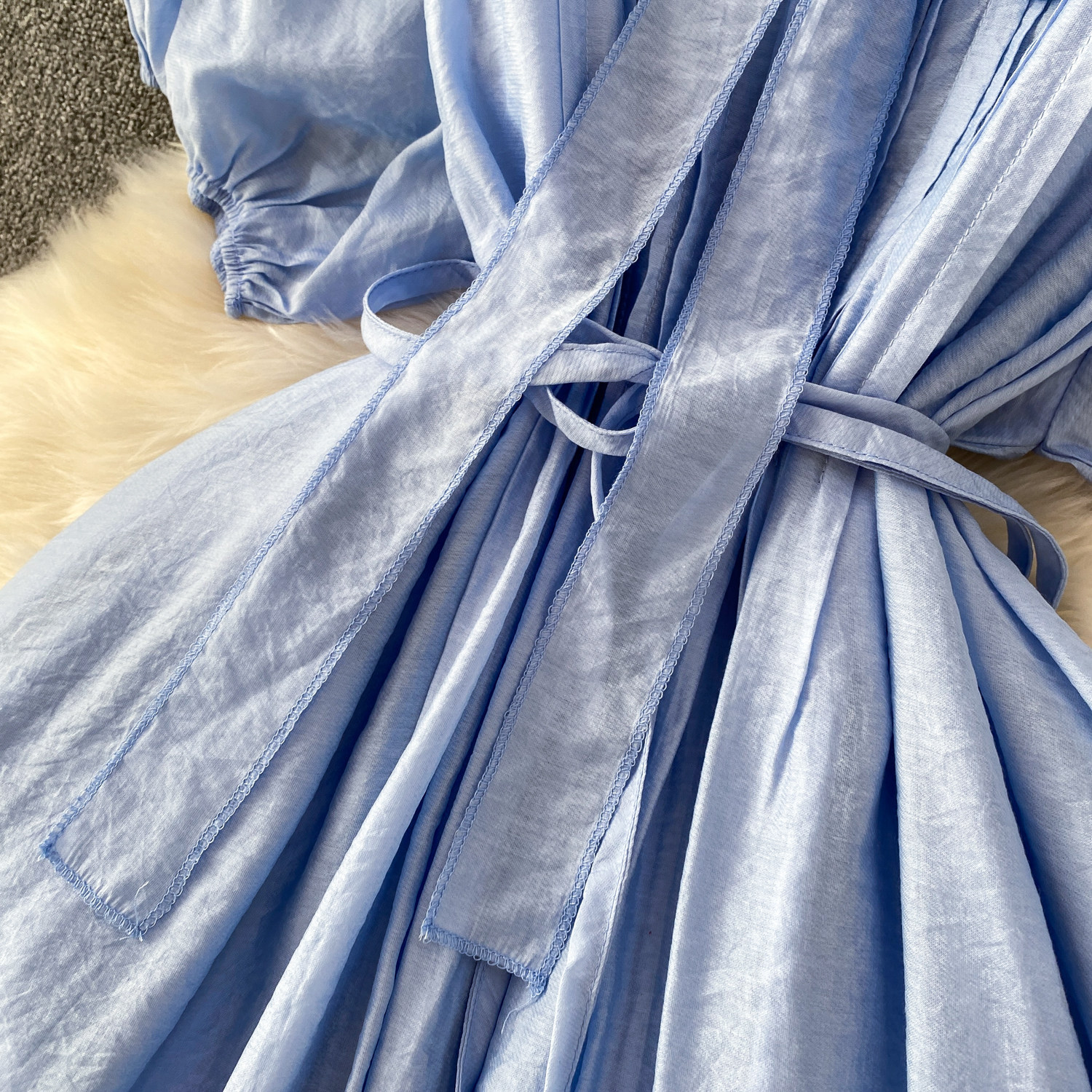 Women's French Style Tie Neck Puff Sleeve Dress Gentle Elegant Summer Casual Long Dress Simple Commuting Style_ecoleips.com