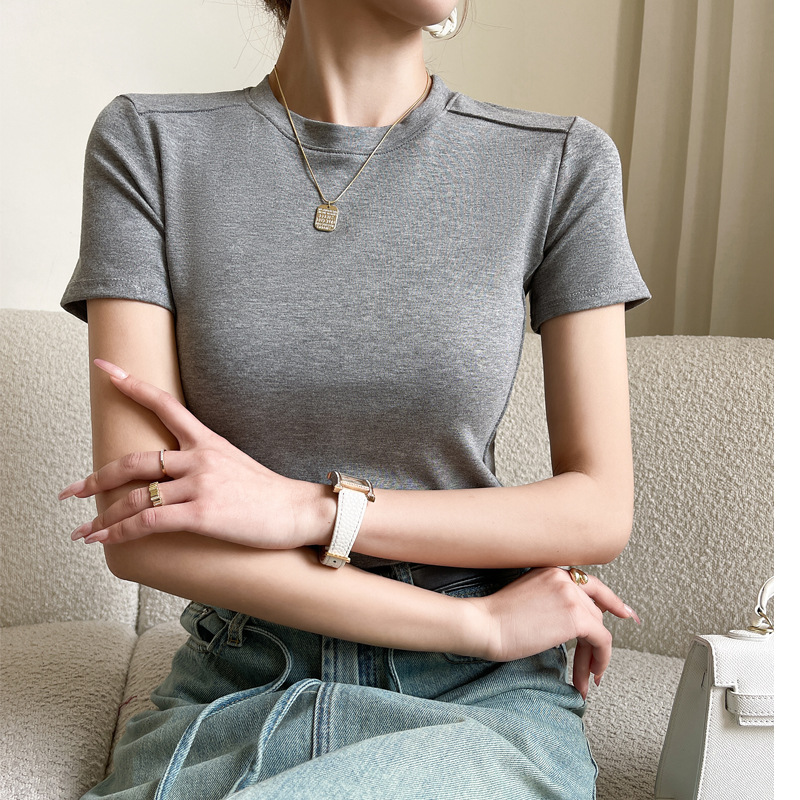 Q popular 280G modal hombro derecho espina de pescado cuello redondo Camiseta ajustada de manga corta para mujer verano 2024 top suelto