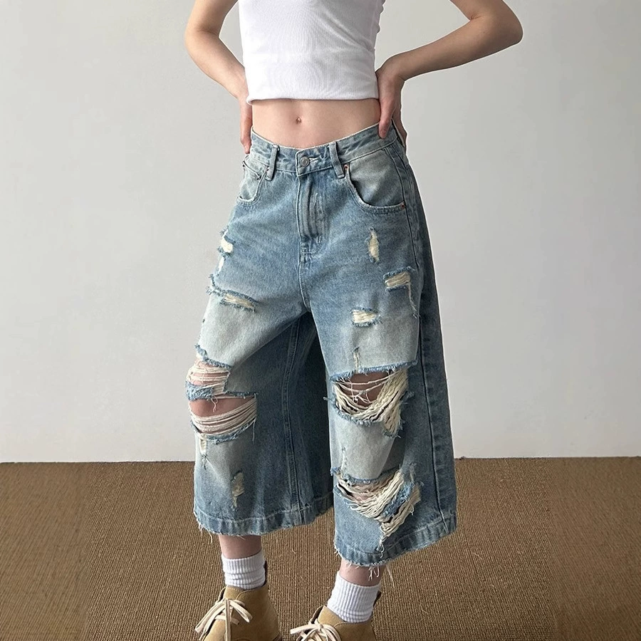 Американские рваные джинсовые укороченные брюки в стиле ретро для мужчин и женщин, новые модные брендовые брюки свободного дизайна