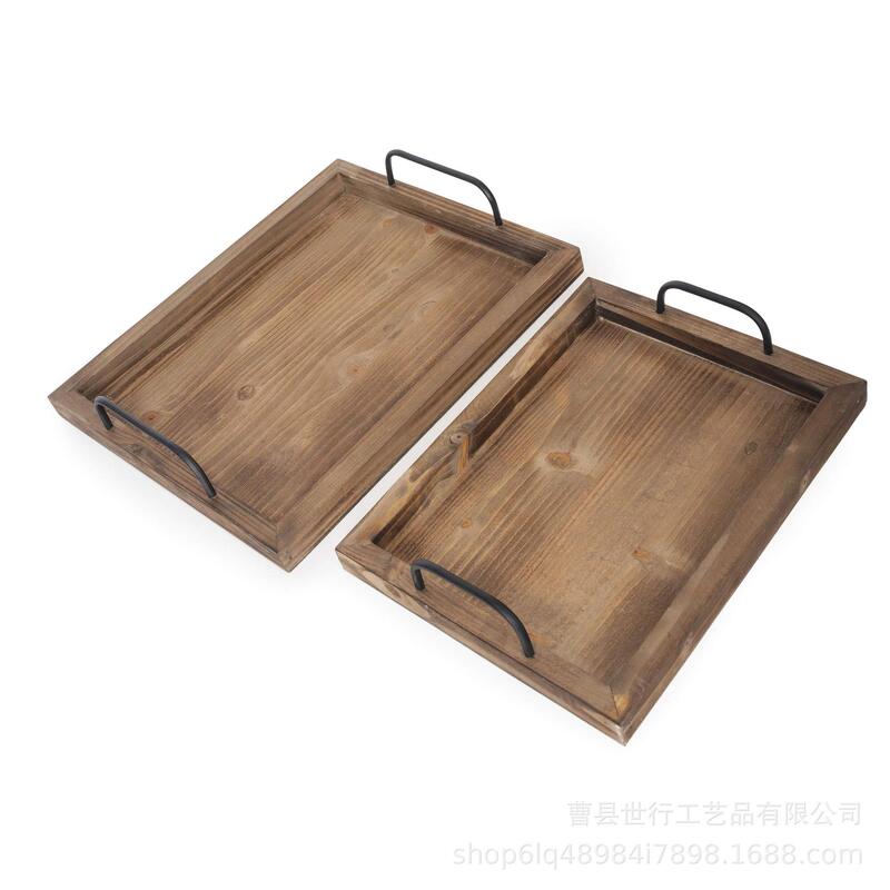 Retro Household Solid Wood Tray 2-Piece Set Nested Wooden Plate Wooden Dinner Plate Hotel Metal Handle Afternoon Tea Wooden Tray