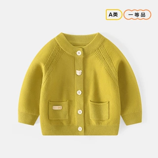 百搭针织开衫春秋宝宝绣标圆领外套纯色保暖棉毛衫婴幼童a类毛衣