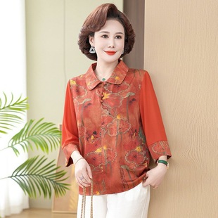 Middle-aged and elderly women's spring and autumn bottoming shirt National style top middle-aged mom summer new chiffon shirt fashion T-shirt