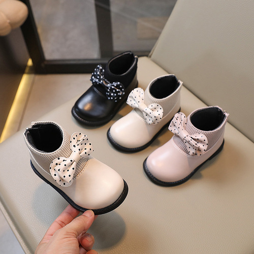 Children's Butterfly Knot Small Leather Boots Winter Girls Fleece Lined Short Boots Double Cotton Fashion Matchable Princess Shoes
