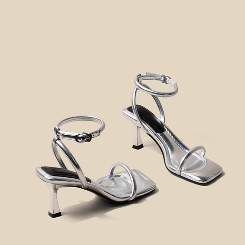 Silver High Heels for Women, Slim Heel, 2024 Summer New Arrival, Suitable with Skirts, French One Strap Roman Sandals for Women, Suede Texture