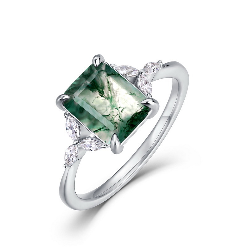 Anillo de ágata de hierba de agua natural geométrica transfronteriza europea y americana S925 Anillo de dedo de musgo verde plateado Personalización simple y atmosférica
