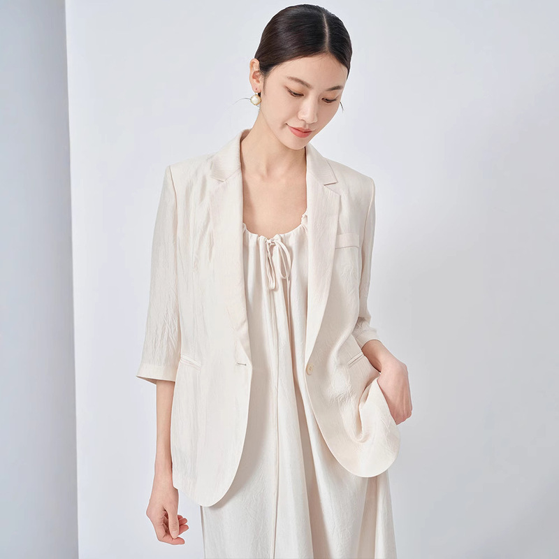 High-End Acetate Guanle Crepe Mid-Sleeve Blazer for Women 2025 Summer New Triacetate Commuter Ol Style Jacket Top