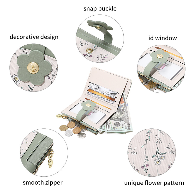 Nueva impresión coreana de flores y hierbas PU corta billetera de cremallera para mujeres.