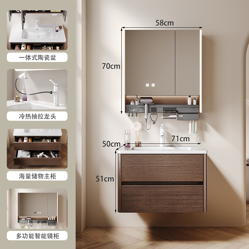Mueble de baño de nogal, estilo mid-century, de madera maciza, con lavabo de cerámica integrado, mueble de baño y lavadero.