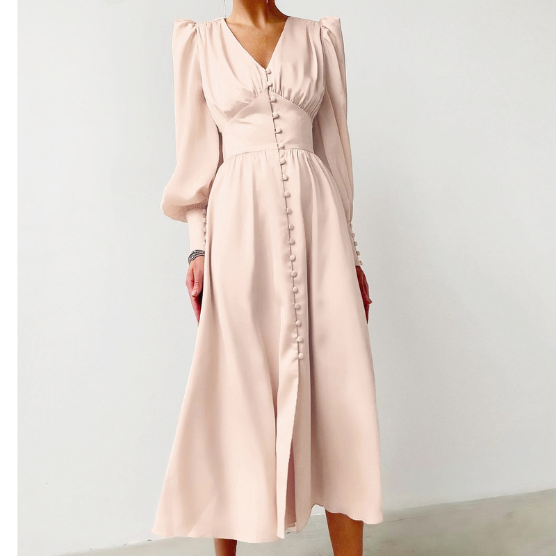 2026 Autumn European and American Satin Imitation Silk Shirt Dress for Women, Elegant V-neck, Puff Long Sleeves, Draped Mid-length Dress 2026 Autumn European and American Satin Imitation Silk Shirt Dress for Women, Elegant V-neck, Puff Long Sleeves, Draped Mid-length Dress