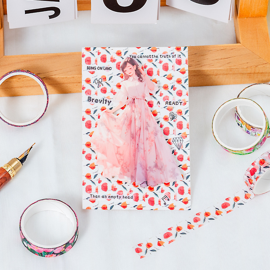 Chunxin Flower Language en caja y cinta de papel 5 enrollado en 1cm de ancho, línea divisoria de hojas, cuenta manual, cinta de flores pastoral