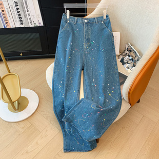300 Jin oversize women's chubby girl straight printed high waist Denim trousers spring and autumn new fashion casual Joker