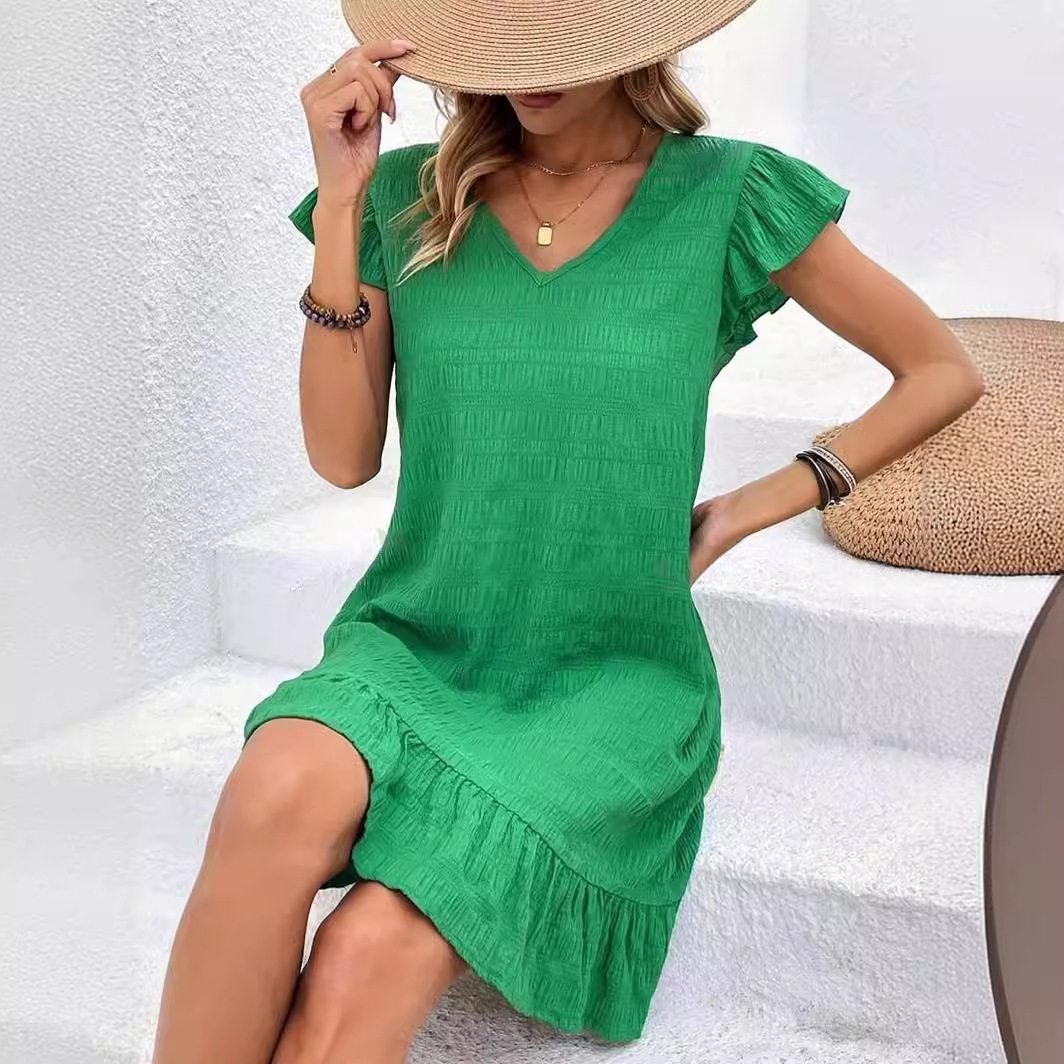亚马逊2024夏季跨境欧美女装V领荷叶袖短裙纯色气质优雅连衣裙子