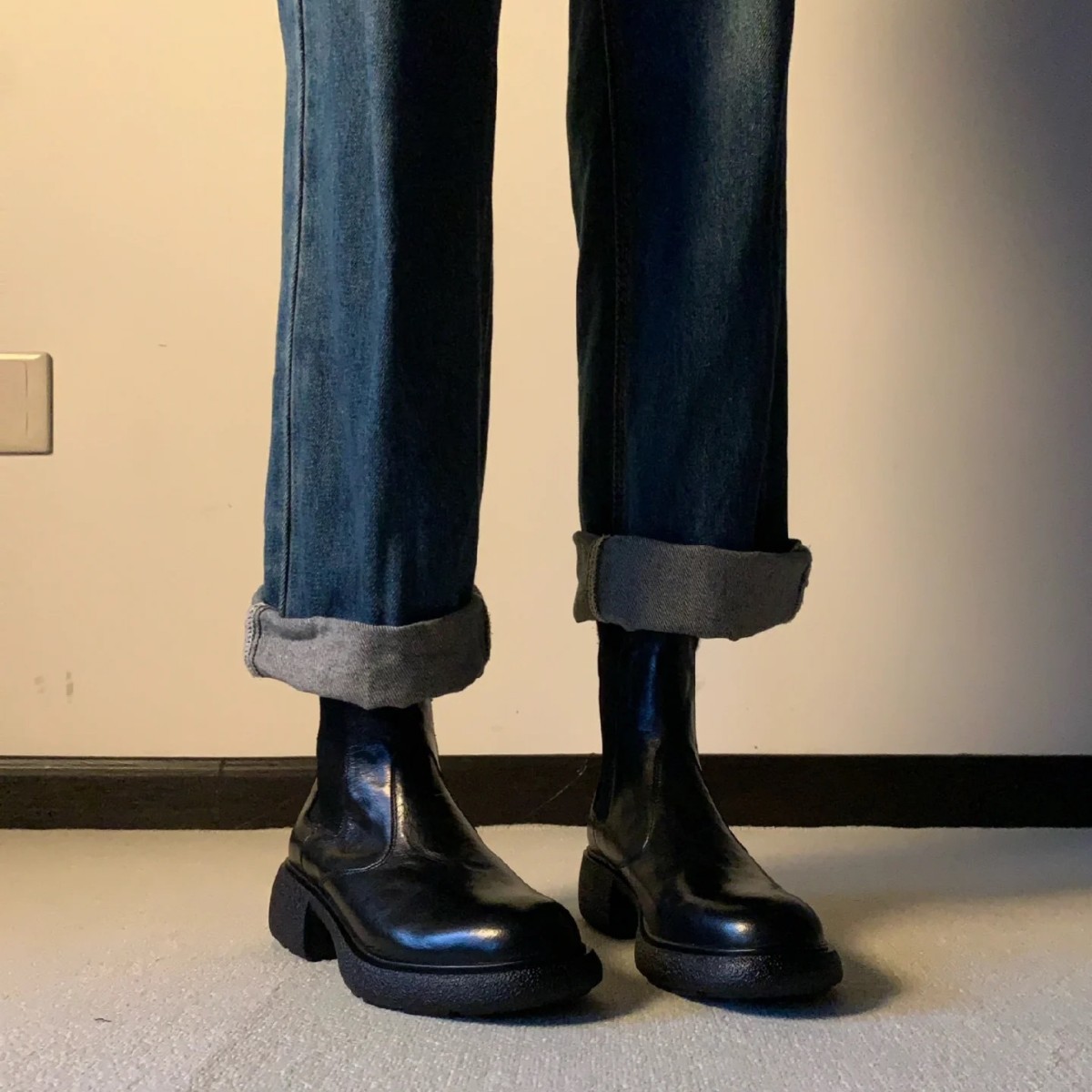 Sheepskin Version~ Genuine Leather Vintage Distressed Wrinkled Thick-soled Short For Women, Black Chimney Boots,_vogvips.com