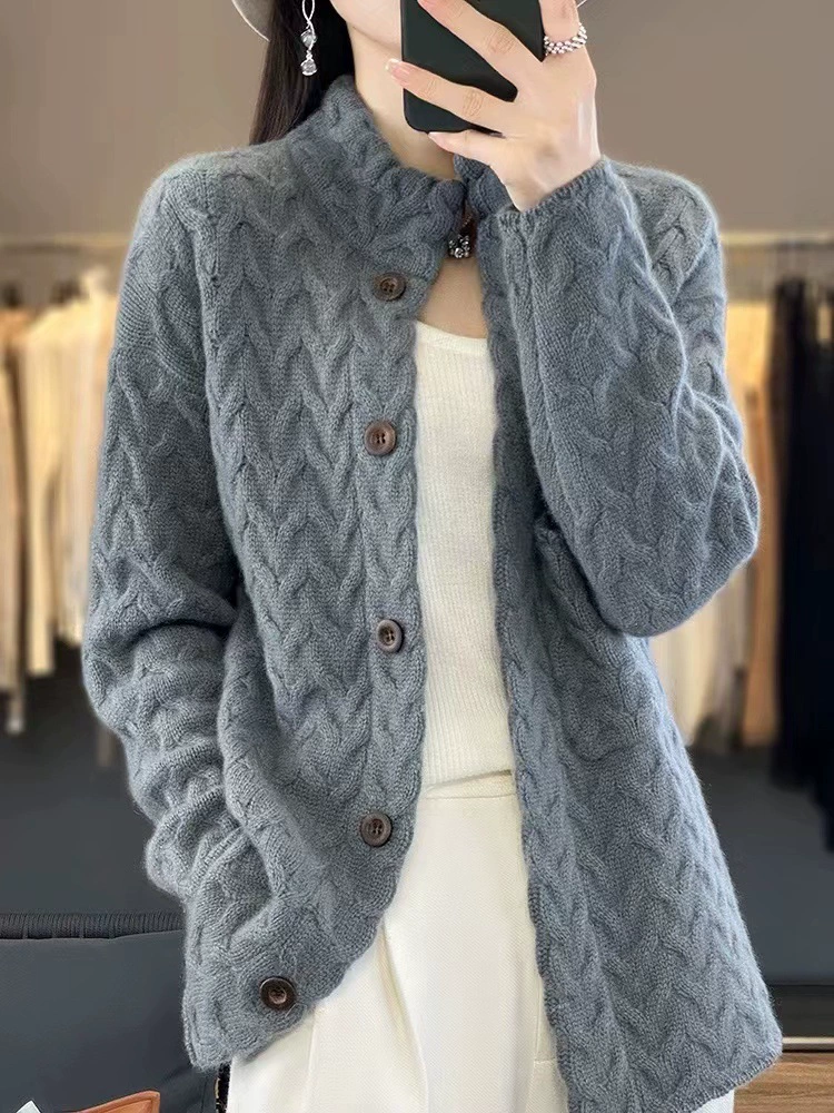 Cashmere cardigan, solid woolen long-sleeve, sweater, increased thickness, oversize