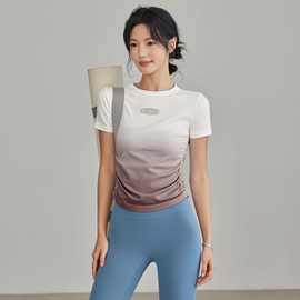 春夏瑜伽服女渐变运动短袖T恤lulu上衣训练上衣跑步健身上衣女