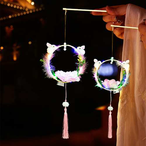 2024 Ancient Style Handheld Feather Rabbit Lantern Cartoon Handheld Jade Rabbit Lantern Lantern Children's Palace Lantern Lantern Finished Product