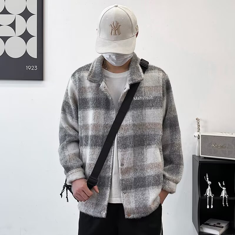 Men's winter wool coat, new style, warm plaid jacket, trendy and versatile wool coat for autumn and winter.