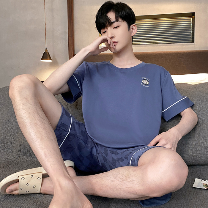Pijamas de verano de los hombres de algodón artificial de cuello redondo jersey de manga corta pantalones cortos traje casual desgaste del hogar se puede usar fuera supermercado