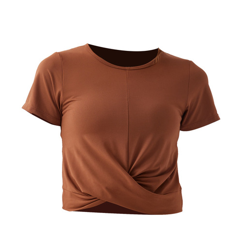 Nude Sensation Quick-Dry Sport Running Short-Sleeve T-Shirt Cross-Waist Breathable Yoga Outfit Sexy Crop Top Fashion Fitness Top for Women