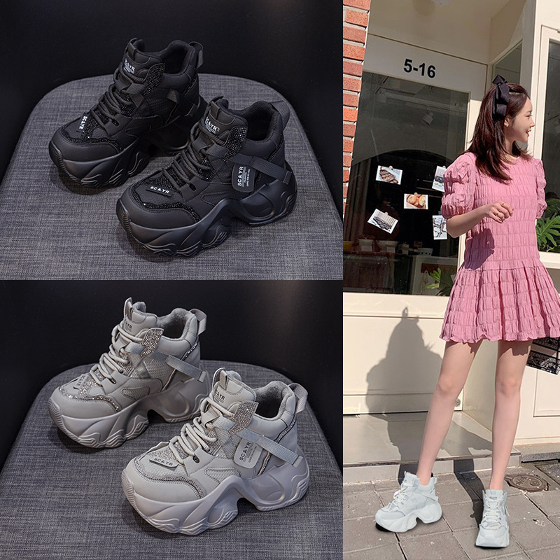 Giày sneaker nữ đế dày tăng chiều cao mùa thu 2025 phong cách hot trend buộc dây — M2936 lót đơn màu đen, M2936 lớp lót đơn màu xám, M2936-1 plus nhung đen, M2936 lớp lót đơn màu be