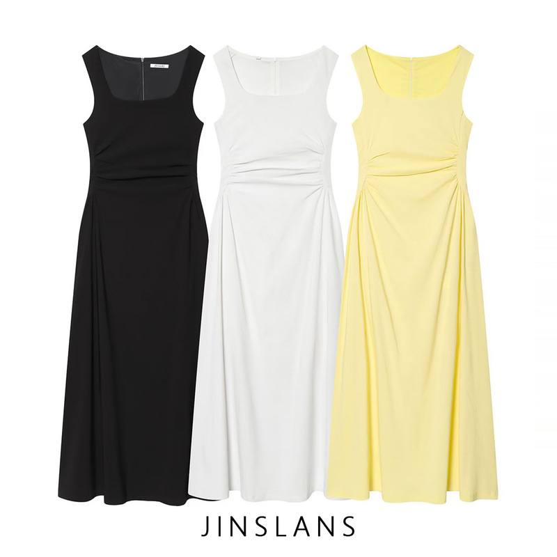 Cross-Border Foreign Trade Za European and American Style Women's Clothing, Aliexpress Hot-Selling Item, Fashionable and Elegant U-Neck Pleated Waist-Cinching Dress for Women