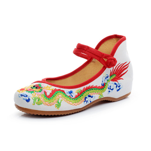 [Painted Dragon] Retro Embroidered Dragon Pattern Shallow Plate Buckle Low Heel Canvas Embroidered Cloth Shoes Women's Shoes