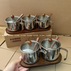 ミノ家304ステンレスアカシア木調味缶調味瓶スプーン付き蓋付きセット三点セット二点セット