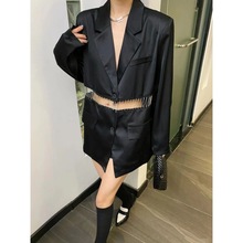 韩版镂空链条西装领衬衫女2024新款宽松设计感中长款薄款上衣女