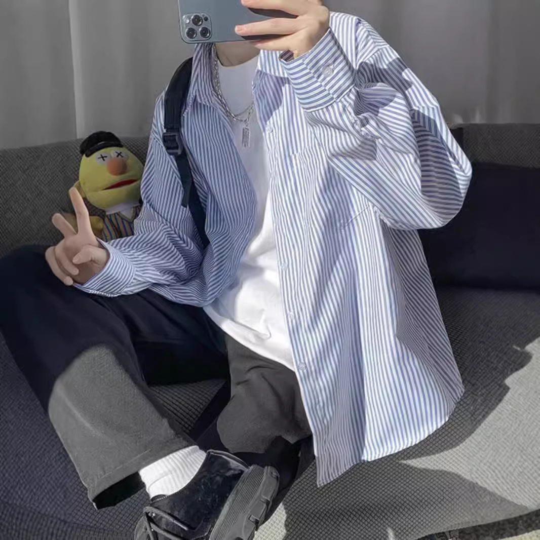 男士休闲百搭条纹长袖衬衫秋装青少年文艺衬衣外套学生个性男装潮