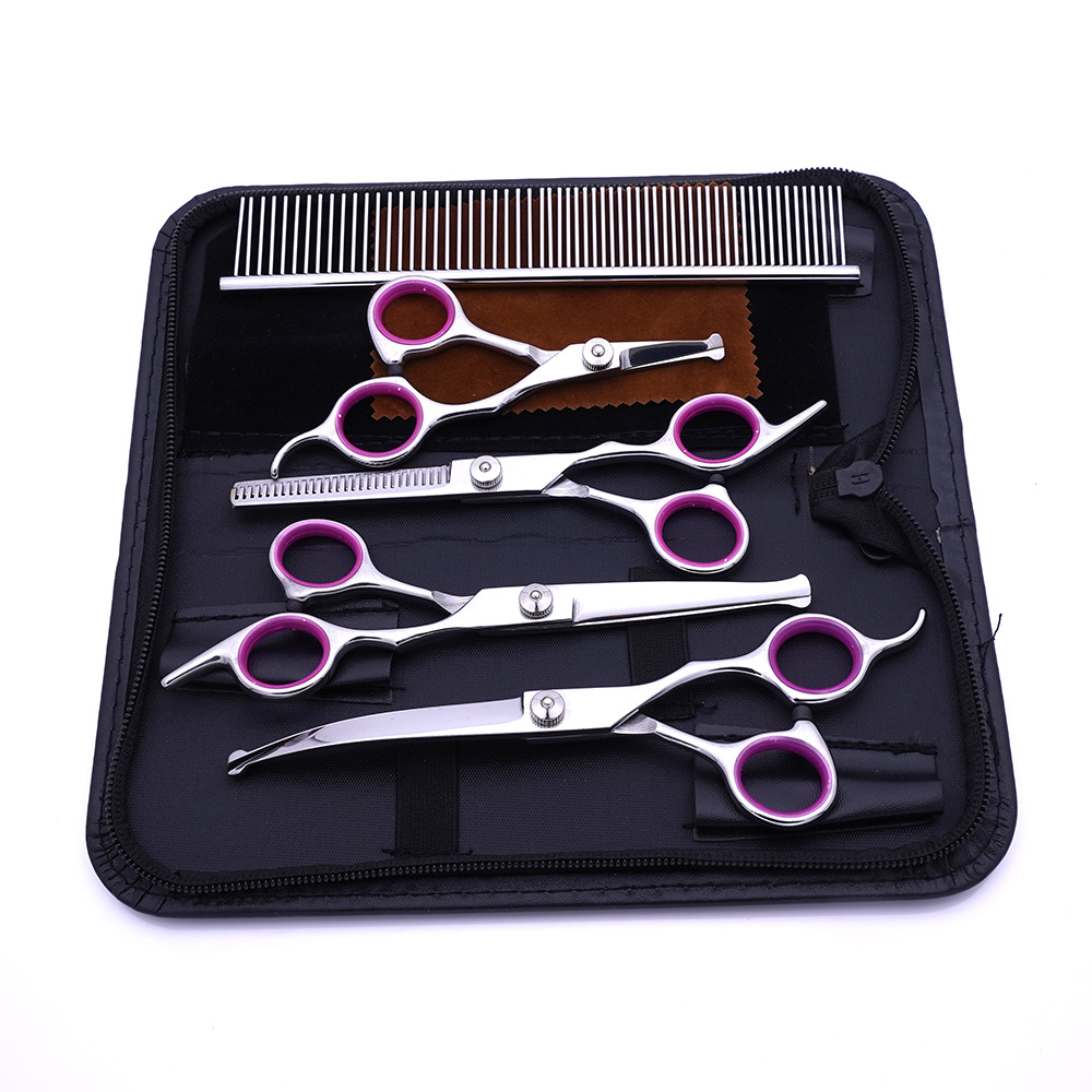 Ventas directas de fábrica de tijeras de aseo para mascotas, tijeras planas profesionales de acero inoxidable, tijeras curvas de corte de pelo, tijeras de dientes delgadas para gatos, tijeras para mascotas