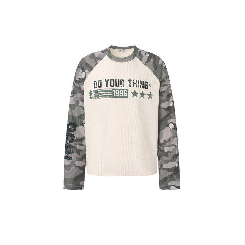 JW391 American retro style unisex high-end color-blocking camouflage design printed waffle knit men's raglan sleeve long-sleeve T-shirt JW391 American retro style unisex high-end color-blocking camouflage design printed waffle knit men's raglan sleeve long-sleeve T-shirt