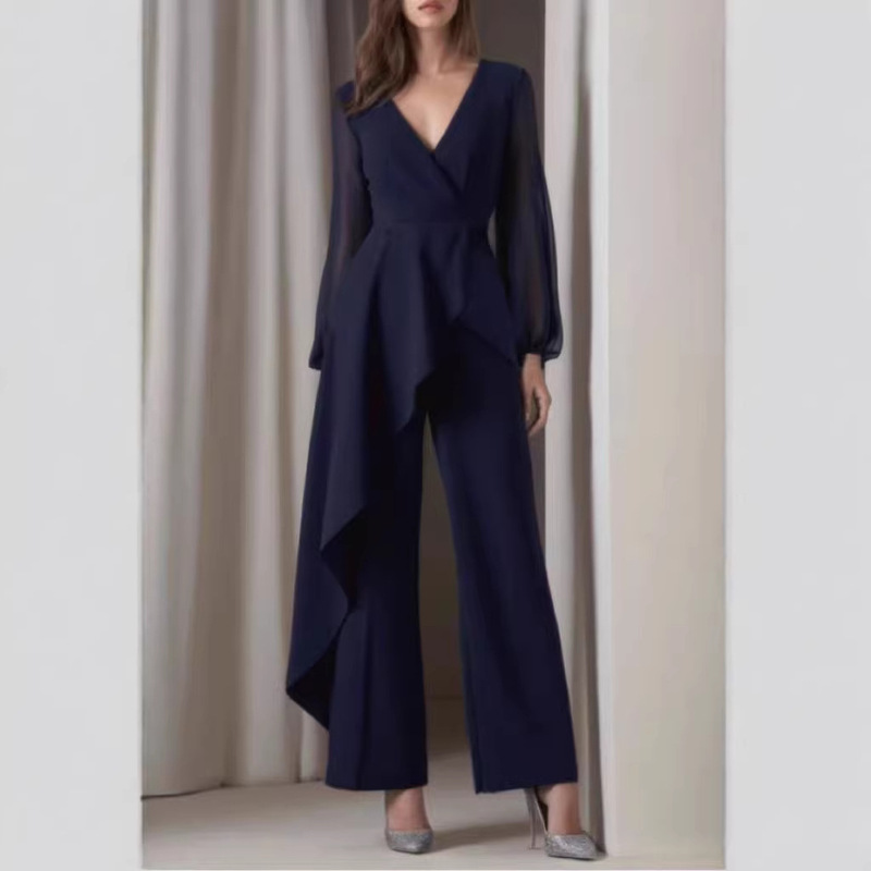 2026 New Spring European and American Elegant and Chic Casual Jumpsuit in Navy Blue with V-Neck, Ruffles, Long Sleeves, and Wide Legs 2026 New Spring European and American Elegant and Chic Casual Jumpsuit in Navy Blue with V-Neck, Ruffles, Long Sleeves, and Wide Legs