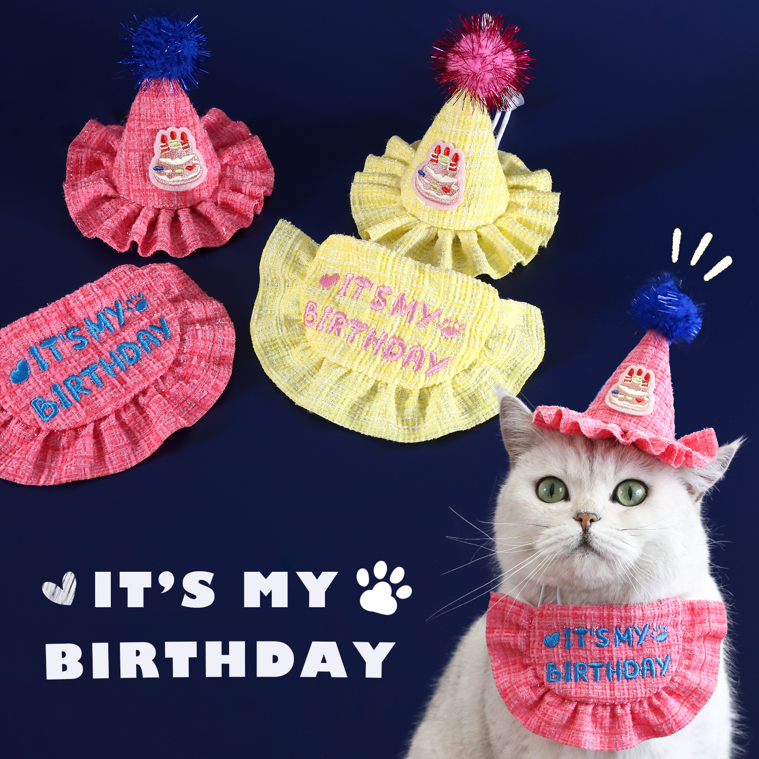 Mascotas tejidas cebollas doradas bordadas feliz cumpleaños de encaje baudón estereoscópico pastel gato perro sombrero diseño de fiesta image 1