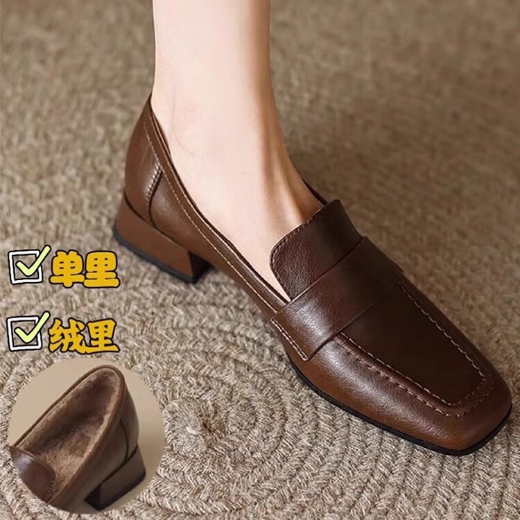 [Ready Stock] 5339 Handmade Small Leather Shoes Soft Leather Women's Shoes 2025 Spring & Fall New Square Toe Retro Thick Heels