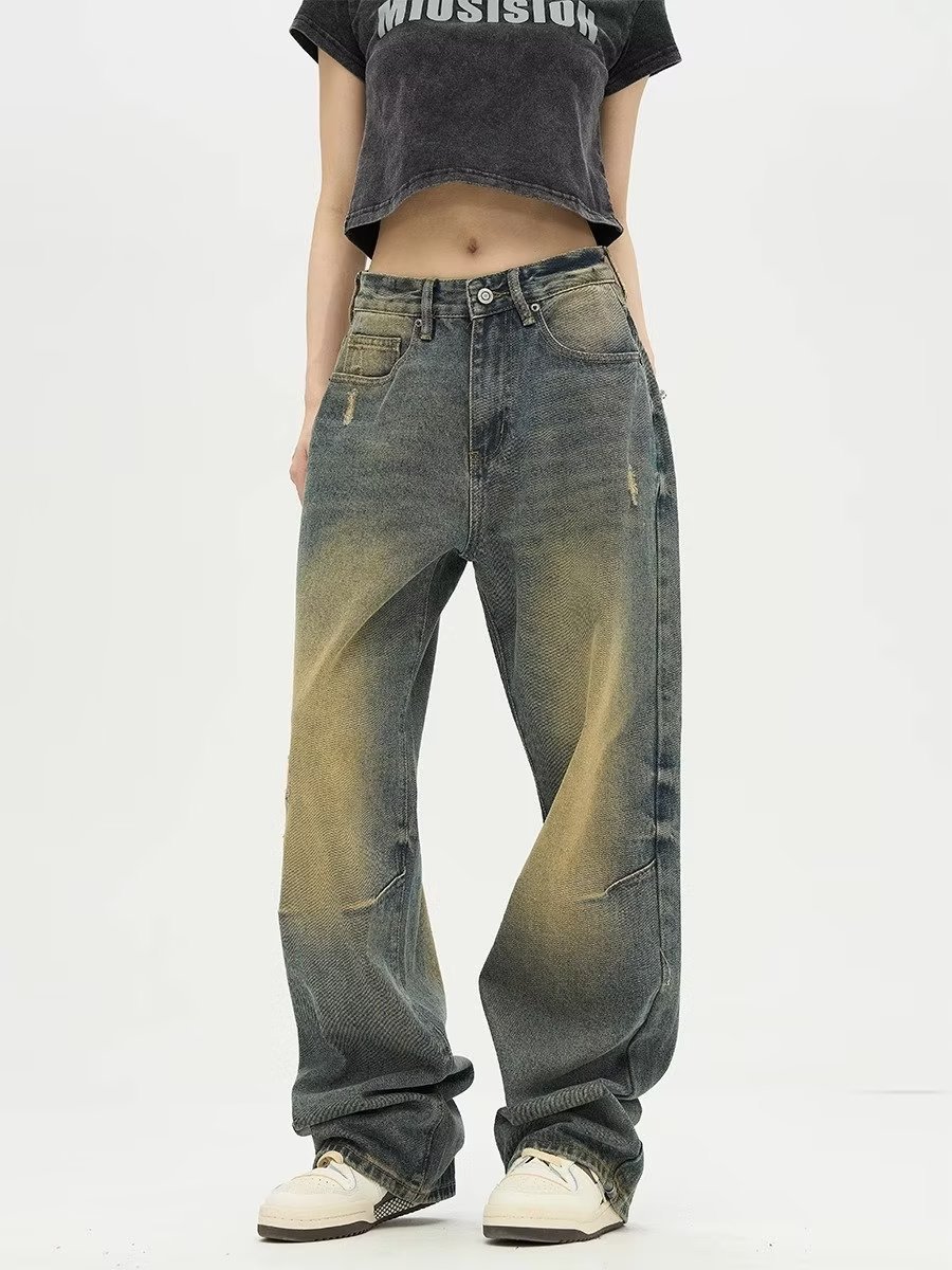 American Street retro wide-leg jeans marca de moda todo partido suelto recto fregona pantalones casuales hombres de moda