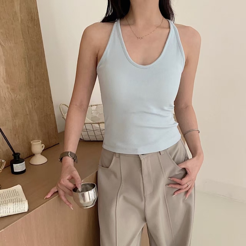 暖小艾588法式挂脖新款辣妹背心女带胸垫纯欲撞色显瘦外穿内搭|undefined