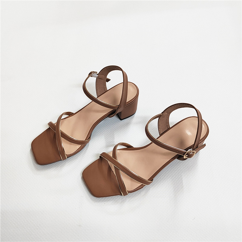 2025 Summer New Sandals Women's Square Head Brown Gold Edge Buckle Simple Fashion Thick Heeled High Heeled Sandals for Women