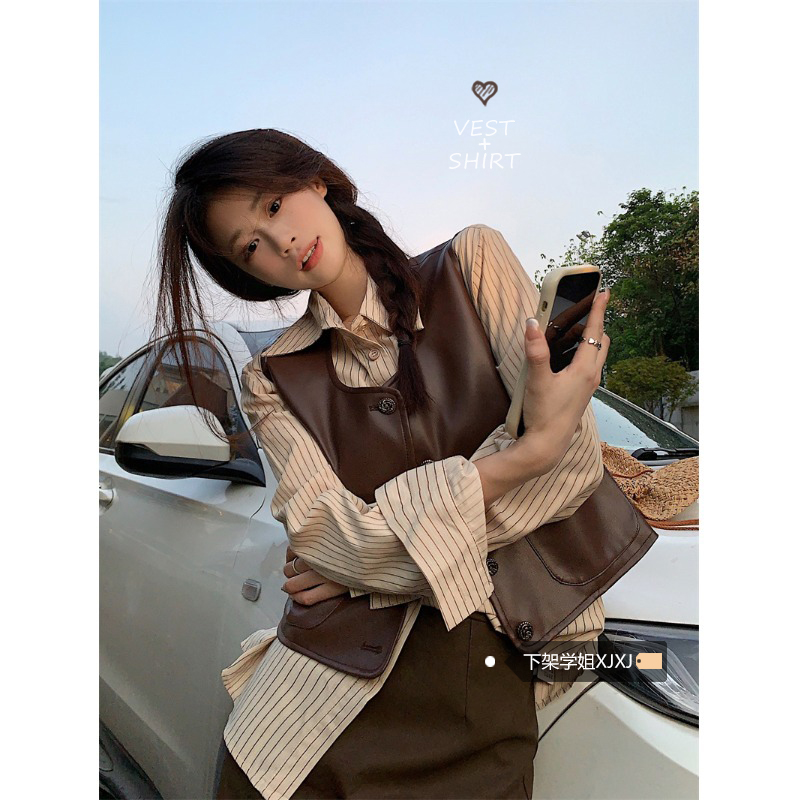 Retro Hong Kong Style Sleeveless Pu Leather Vest Jacket for Women Summer 2025 New Fashionable Loose Short Style Layered Vest Trend