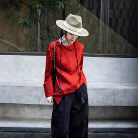 NYNZPF不退只换同款！2026春季新款新中式酒红提花真丝上衣衬衫