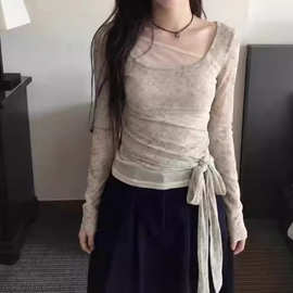 韩系不对称系带斜领长袖T恤女早春季新款百搭修身显瘦打底衫上衣