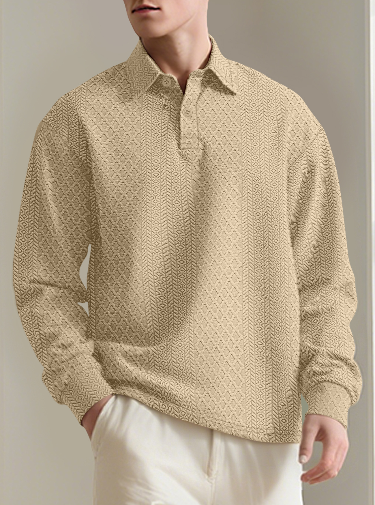 26 Cross-Border European And American Men's Textured Jacquard Solid Color Button New Polo Shirt Turn-Down Collar_voghion.com