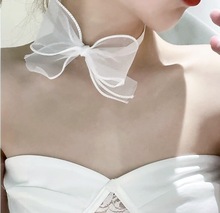 芭蕾少女项链女饰品白色丝带大蝴蝶结项圈Choker颈链年会配饰颈带