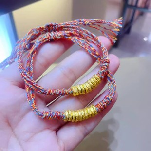 Pure Gold 999 Hammer Pattern Coiled Transfer Beads Pure Gold Braided Bracelet Holiday Birthday Gift for Boyfriend, Girlfriend and Best Friend