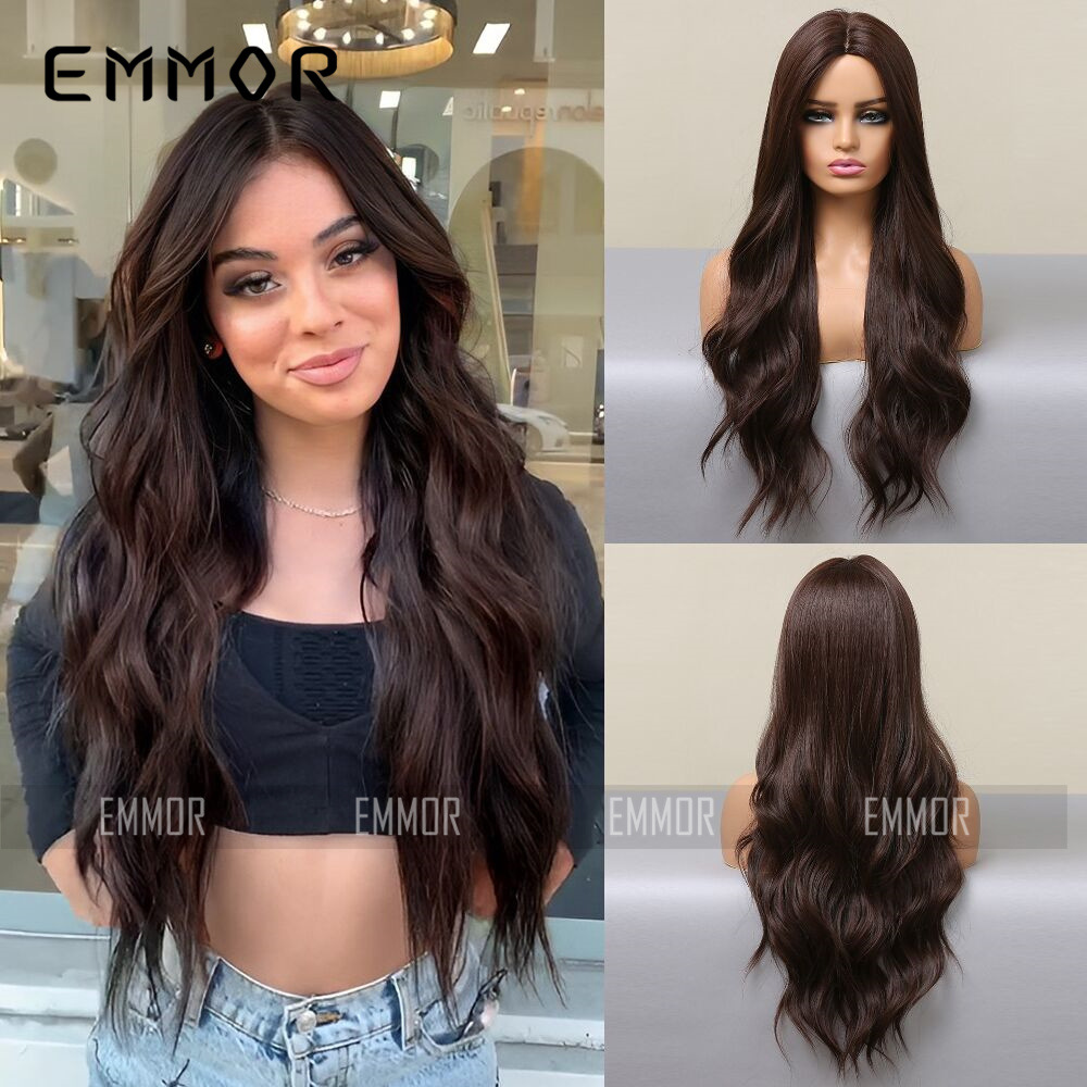 Nueva moda natural medio negro marrón grande onda larga y rizada cubierta de la cabeza fibra química del pelo europeo y americano peluca pelucas femeninas