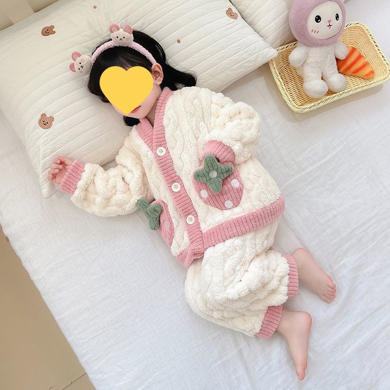 女童珊瑚绒睡衣秋冬保暖加厚女孩女宝宝冬款开衫儿童法兰绒家居服