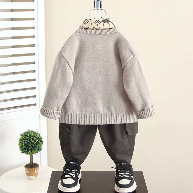 5949 traje de suéter para niños 2025 otoño nuevo estilo rebeca de otoño para niños de tres piezas bebé primavera y otoño nuevo estilo chino