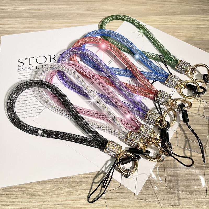 Cross-border rhinestone lanyard, mobile phone chain, wrist strap, luxury new style, sturdy and high-end full rhinestone short lanyard, nylon mesh rope