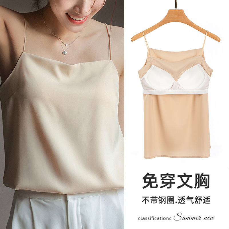 0304 New Style One-Line Collar Ice Silk Camisole Women's Versatile Top with Breast Pads Silks and Satins Thin Bottoming Intimates for Women